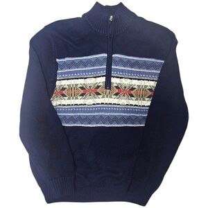 Izod Navy Blue Fair Isle Nordic Sweater Mens Large Zip Ski Winter Cotton EUC!
